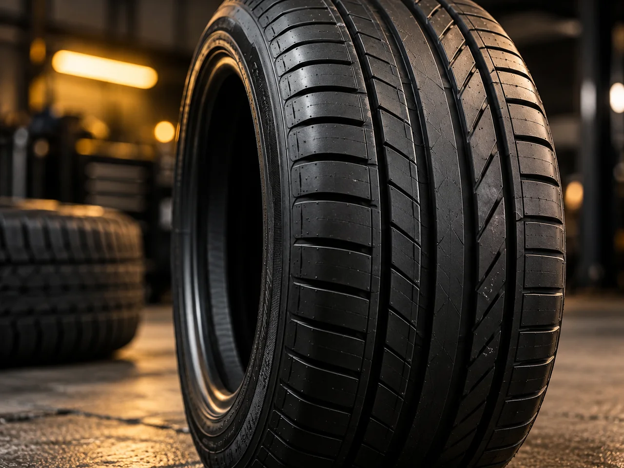 Detalhe da banda de rodagem de pneu automotivo — imagem ilustrativa